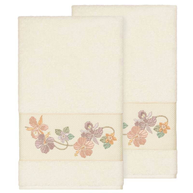 Authentic Hotel and Spa Turkish Cotton Floral Vine Embroidered Cream 2-piece Bath Towel Set