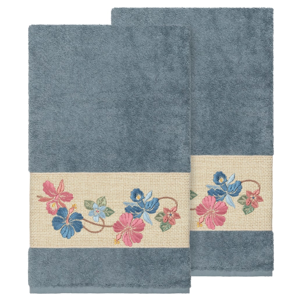 Authentic Hotel and Spa Turkish Cotton Floral Vine Embroidered Teal Blue 2-piece Bath Towel Set