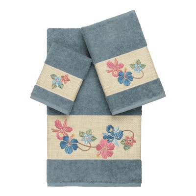 Authentic Hotel and Spa Turkish Cotton Floral Vine Embroidered Teal Blue 3-piece Towel Set