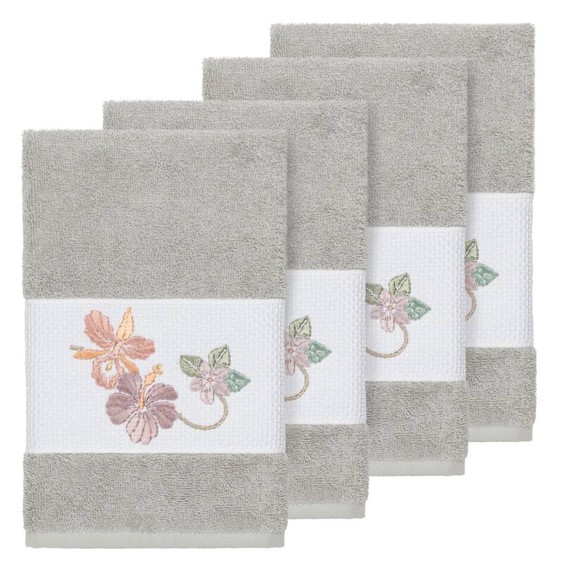 Authentic Hotel and Spa Turkish Cotton Floral Vine Embroidered Light Grey 4-piece Hand Towel Set
