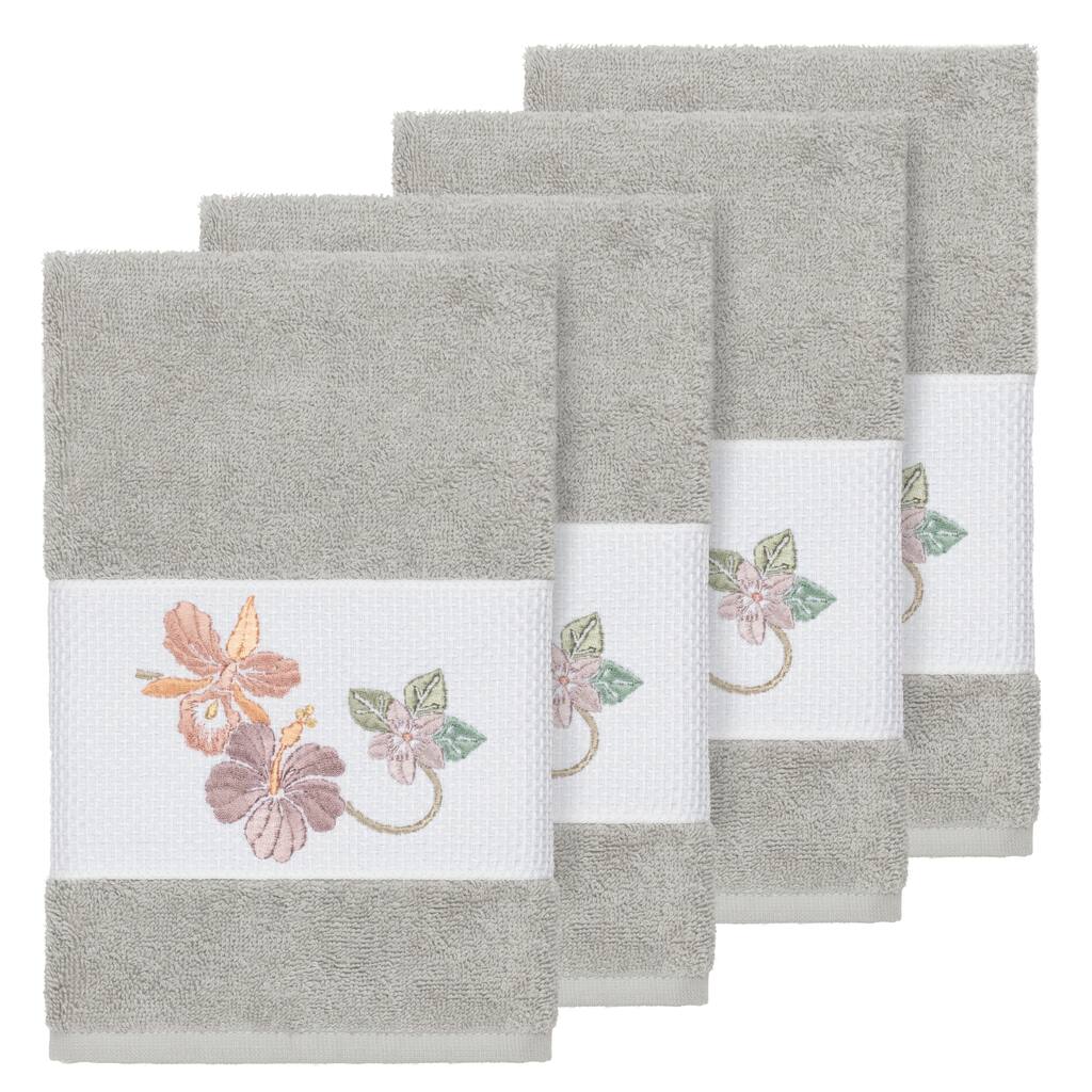 Authentic Hotel and Spa Turkish Cotton Floral Vine Embroidered Light Grey 4-piece Hand Towel Set