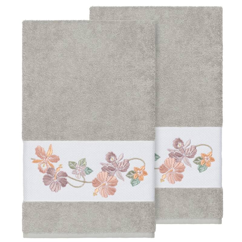 Authentic Hotel and Spa Turkish Cotton Floral Vine Embroidered Light Grey 2-piece Bath Towel Set