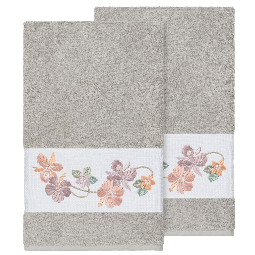 Authentic Hotel and Spa Turkish Cotton Floral Vine Embroidered Light Grey 2-piece Bath Towel Set