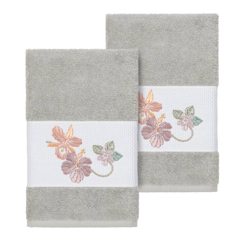 Authentic Hotel and Spa Turkish Cotton Floral Vine Embroidered Light Grey 2-piece Towel Hand Set
