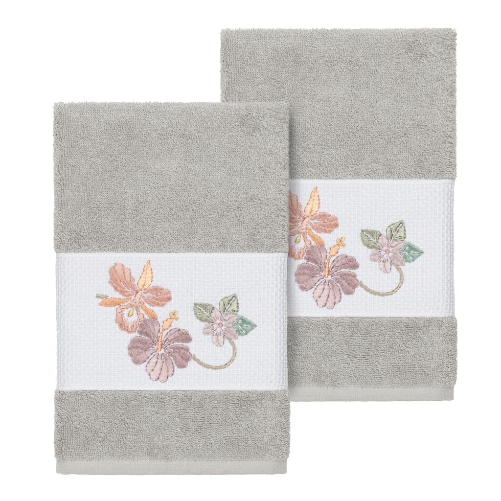 Authentic Hotel and Spa Turkish Cotton Floral Vine Embroidered Light Grey 2-piece Towel Hand Set