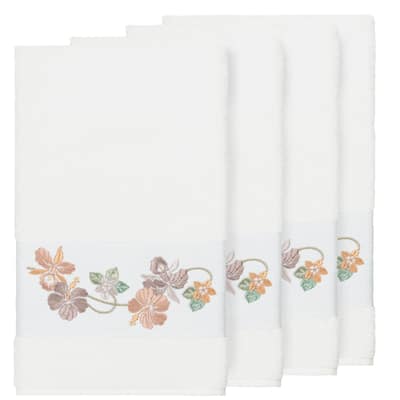 Authentic Hotel and Spa Turkish Cotton Floral Vine Embroidered White 4-piece Bath Towel Set