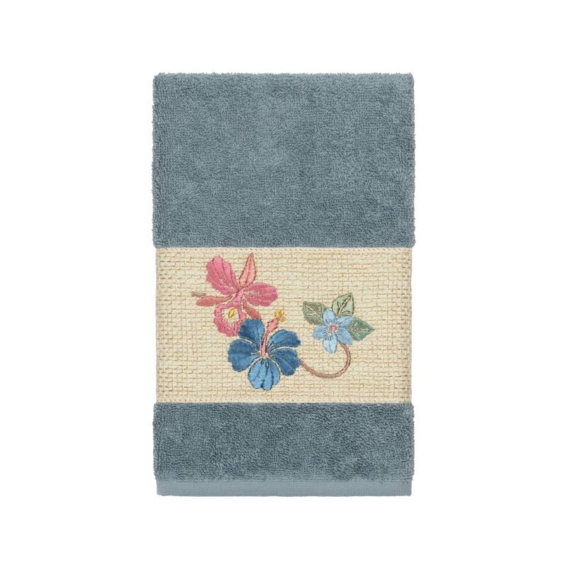 Authentic Hotel and Spa Turkish Cotton Floral Vine Embroidered Teal Blue Hand Towel