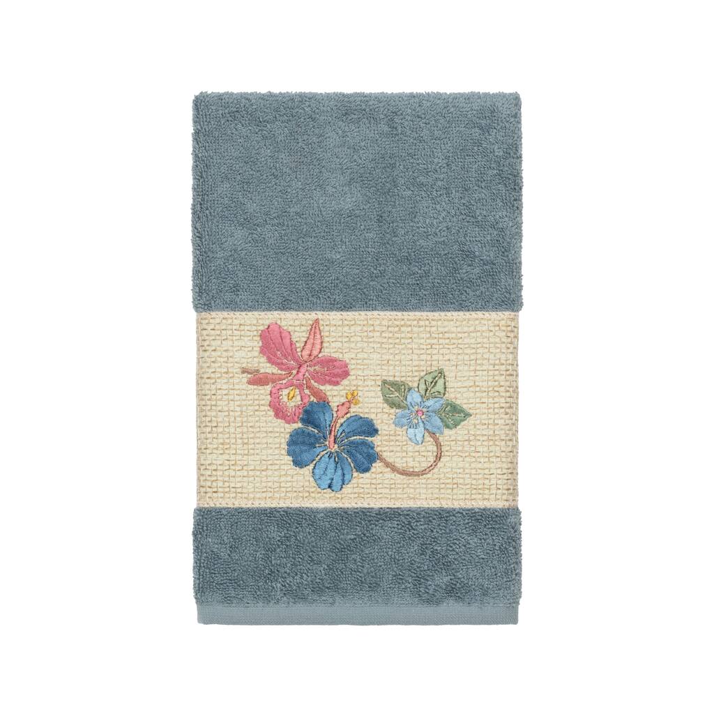 Authentic Hotel and Spa Turkish Cotton Floral Vine Embroidered Teal Blue Hand Towel