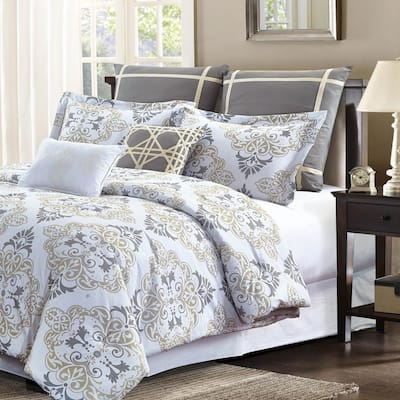 Style Quarters Suri 7pc Comforter Set - Gray and Taupe Damask Print - 100% Cotton - Machine Washable - King