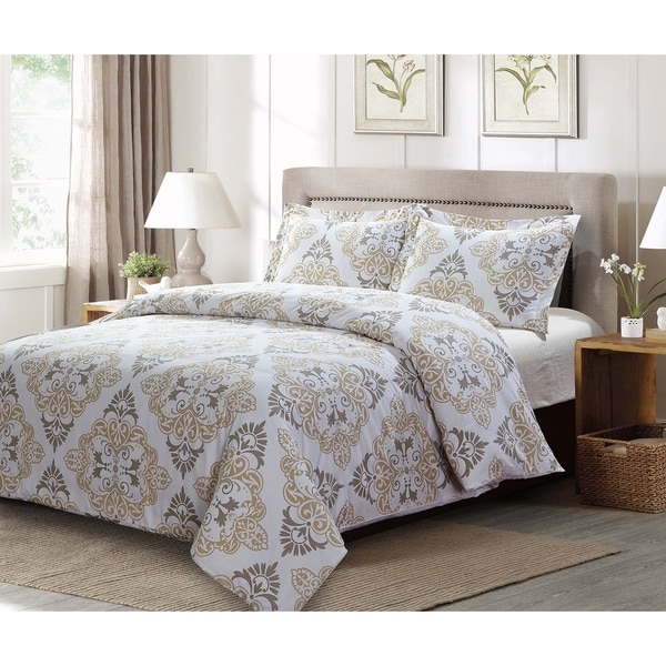 Style Quarters Suri 3pc Duvet Set - Gray and Taupe Damask Print