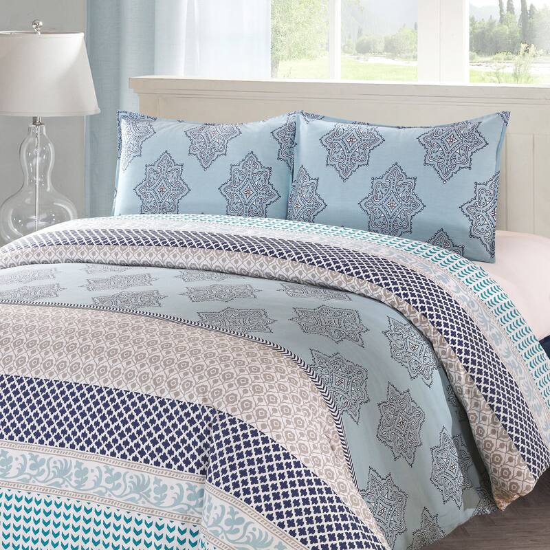 Style Quarters Lilou 3pc Duvet Cover Set -Blue Complex Flower Print - 100% Cotton - Machine Washable - King