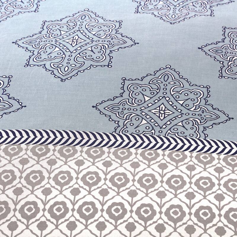 Style Quarters Lilou 3pc Duvet Cover Set -Blue Complex Flower Print - 100% Cotton - Machine Washable - King