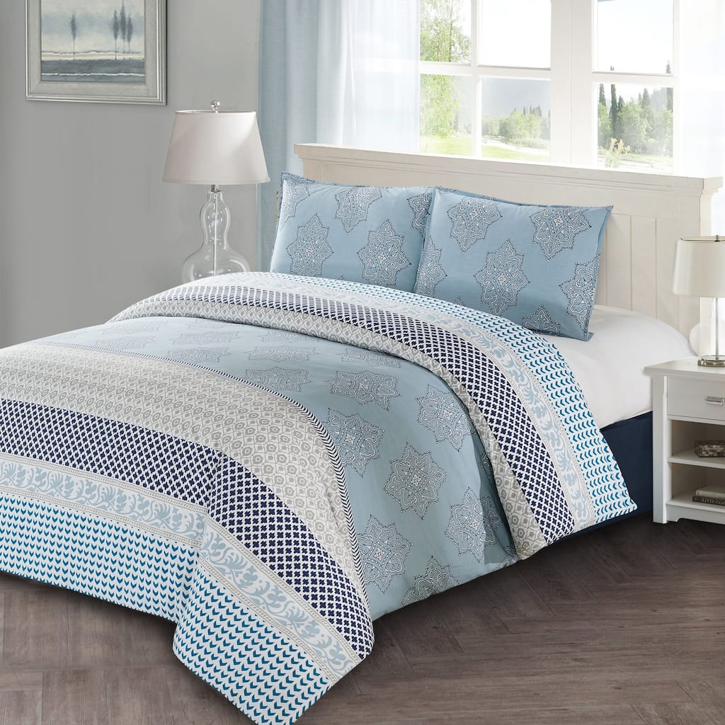 Style Quarters Lilou 3pc Duvet Cover Set -Blue Complex Flower Print - 100% Cotton - Machine Washable - King