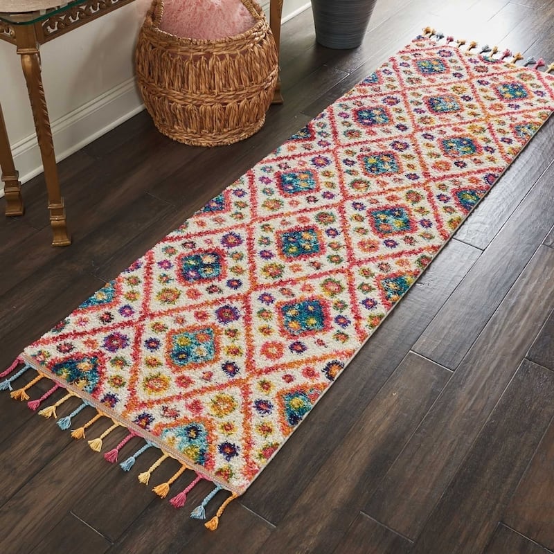 Nourison Moroccan Casbah Tassel Bohemian Area Rug - 2'3" x 8' Runner - Ivory/Pink - Runner/Rectangle