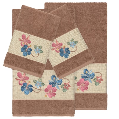 Authentic Hotel and Spa Turkish Cotton Floral Vine Embroidered Latte Brown 4-piece Towel Set