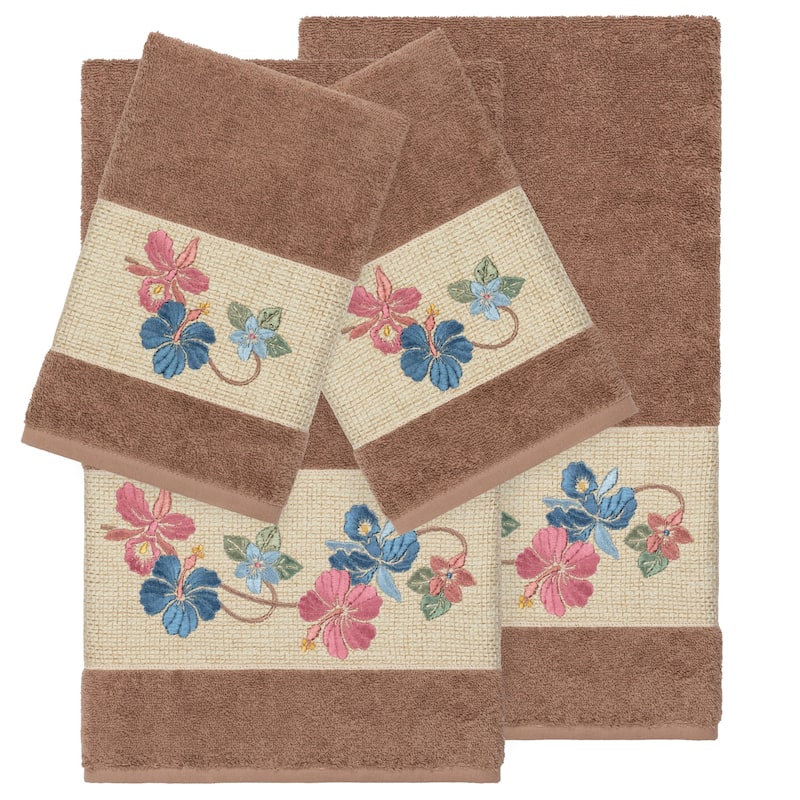 Authentic Hotel and Spa Turkish Cotton Floral Vine Embroidered Latte Brown 4-piece Towel Set - Latte