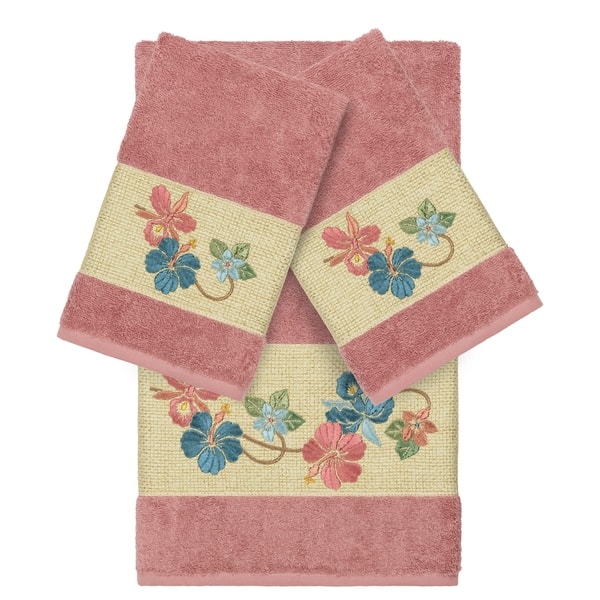 slide 2 of 5, Authentic Hotel and Spa Turkish Cotton Floral Vine Embroidered Tea Rose 3-piece Towel Set
