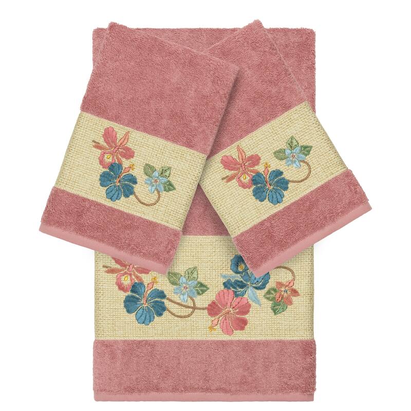 Authentic Hotel and Spa Turkish Cotton Floral Vine Embroidered Tea Rose 3-piece Towel Set