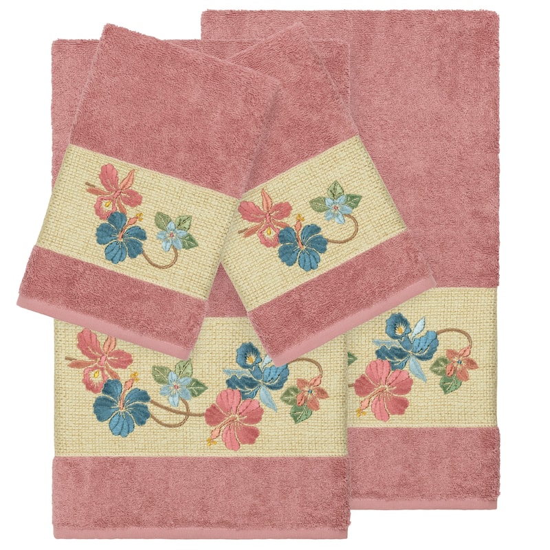 Authentic Hotel and Spa Turkish Cotton Floral Vine Embroidered Tea Rose 4-piece Towel Set