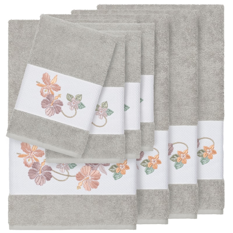 Authentic Hotel and Spa Turkish Cotton Floral Vine Embroidered Light Grey 8-piece Towel Set