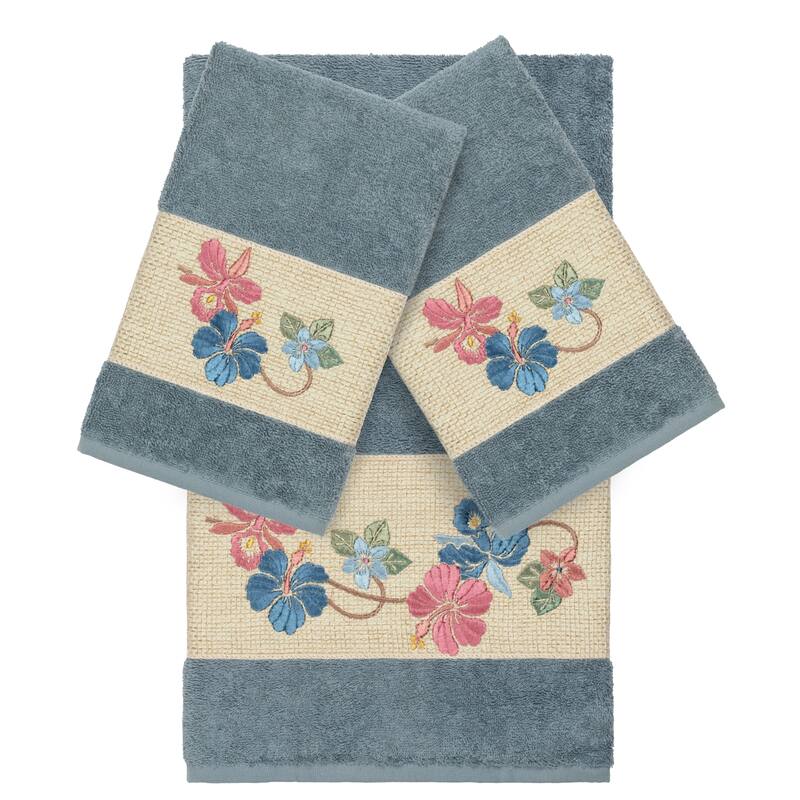 Authentic Hotel and Spa Turkish Cotton Floral Vine Embroidered Teal Blue 3-piece Towel Set - Teal