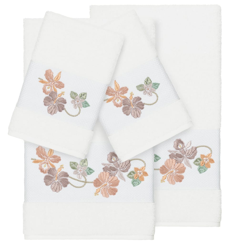 Authentic Hotel and Spa Turkish Cotton Floral Vine Embroidered White 4-piece Towel Set