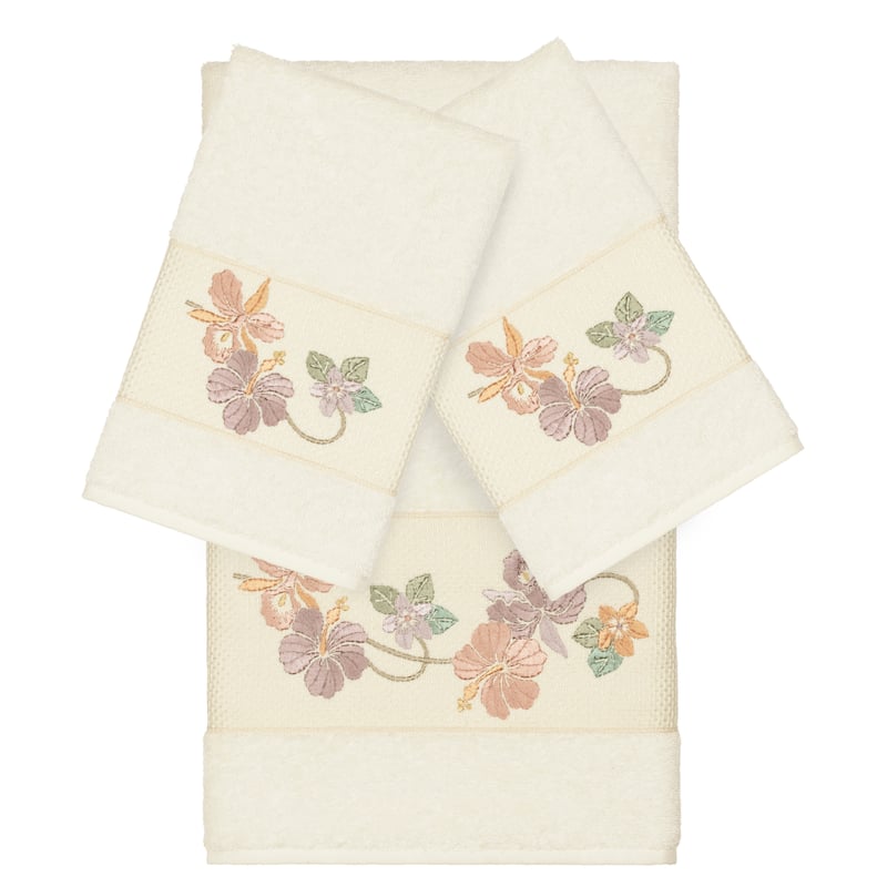 Authentic Hotel and Spa Turkish Cotton Floral Vine Embroidered Cream 3-piece Towel Set