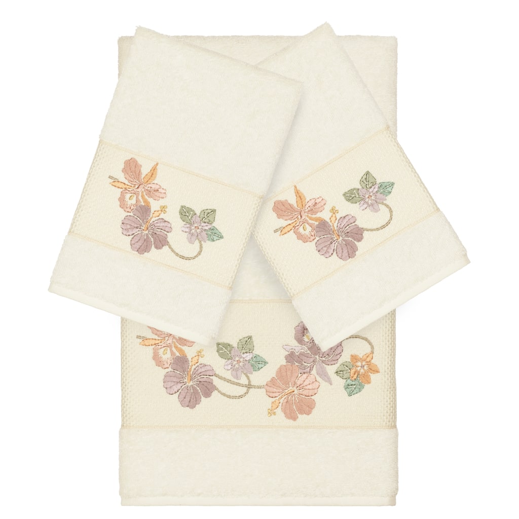 Authentic Hotel and Spa Turkish Cotton Floral Vine Embroidered Cream 3-piece Towel Set