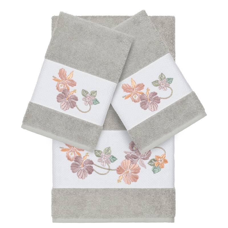Authentic Hotel and Spa Turkish Cotton Floral Vine Embroidered Light Grey 3-piece Towel Set