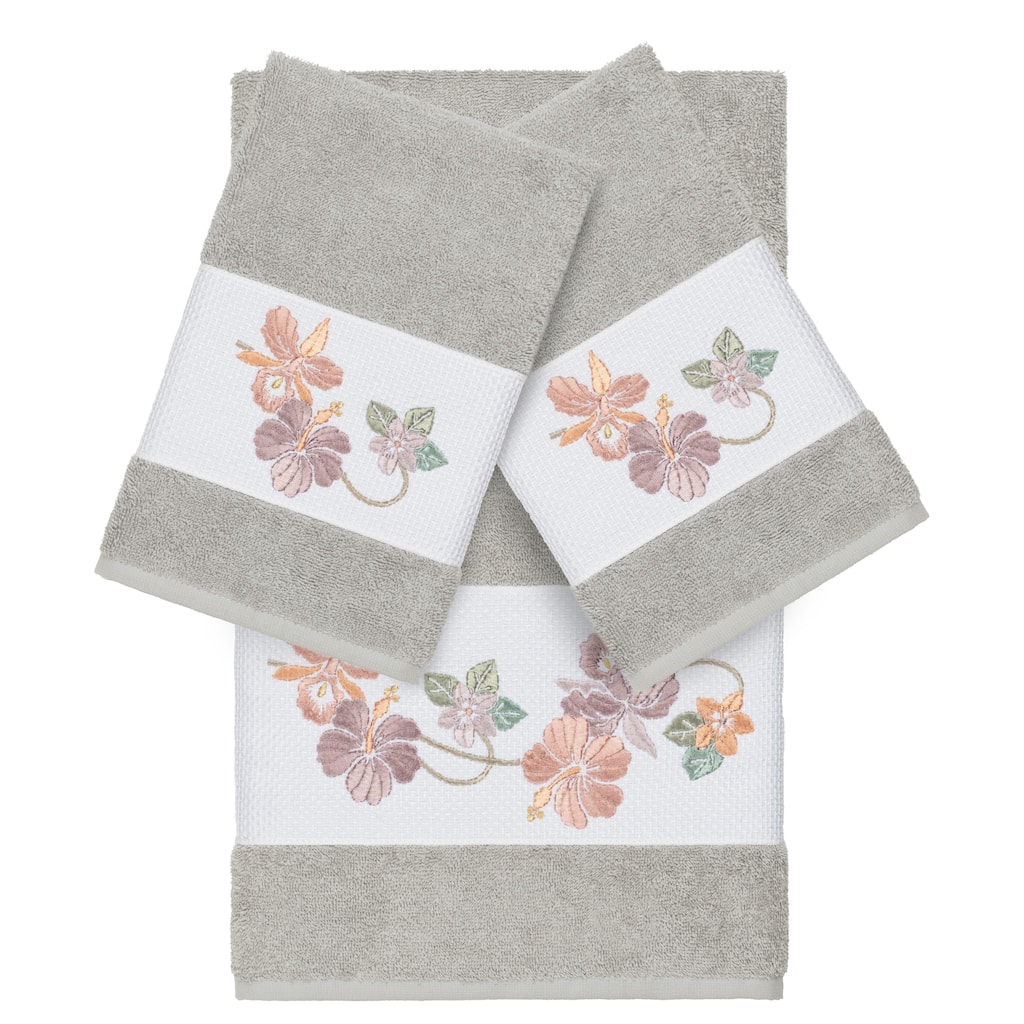 Authentic Hotel and Spa Turkish Cotton Floral Vine Embroidered Light Grey 3-piece Towel Set