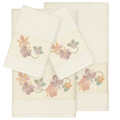 Authentic Hotel and Spa Turkish Cotton Floral Vine Embroidered Cream 4-piece Towel Set