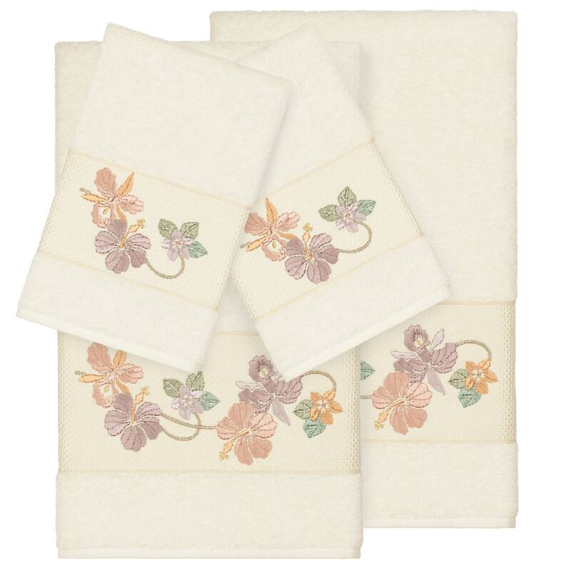 Authentic Hotel and Spa Turkish Cotton Floral Vine Embroidered Cream 4-piece Towel Set - Cream