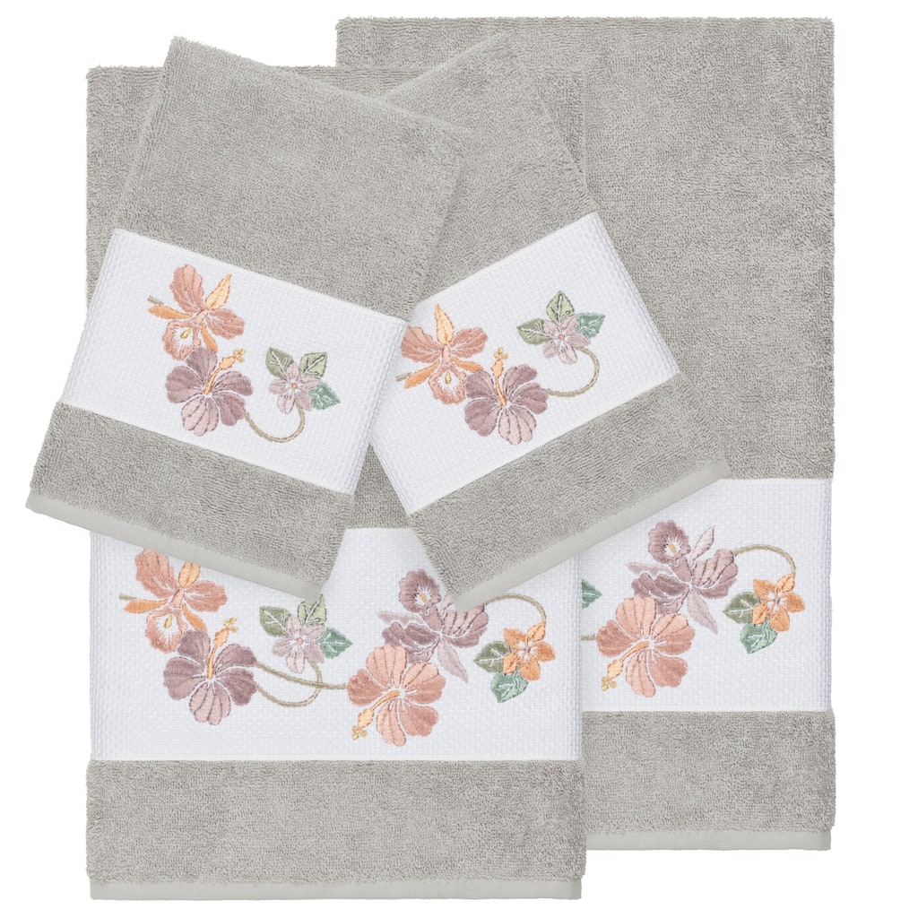 Authentic Hotel and Spa Turkish Cotton Floral Vine Embroidered Light Grey 4-piece Towel Set