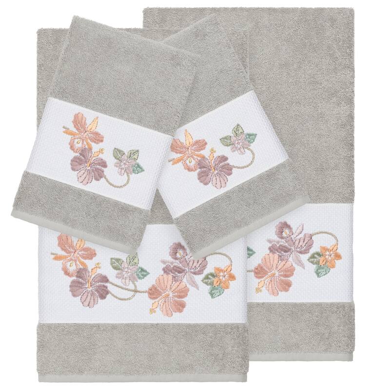 Authentic Hotel and Spa Turkish Cotton Floral Vine Embroidered Light Grey 4-piece Towel Set