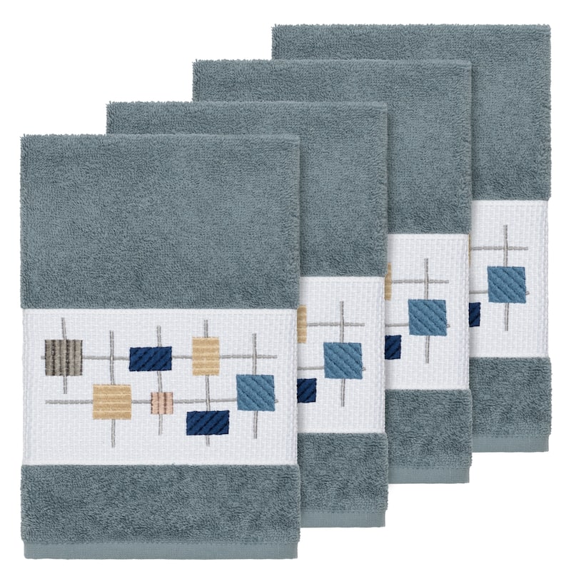 Authentic Hotel and Spa Turkish Cotton Squares Embroidered Teal Blue 4-piece Hand Towel Set