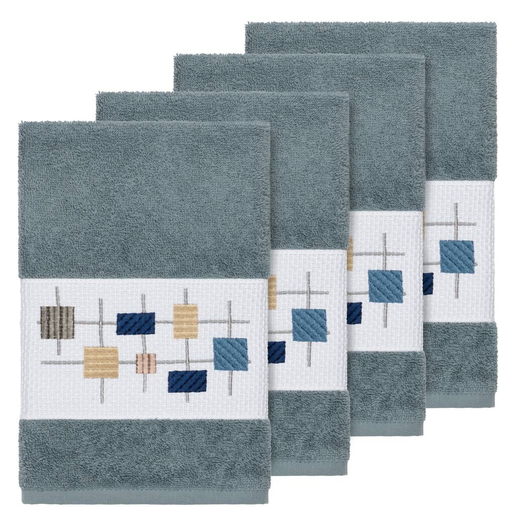 Authentic Hotel and Spa Turkish Cotton Squares Embroidered Teal Blue 4-piece Hand Towel Set