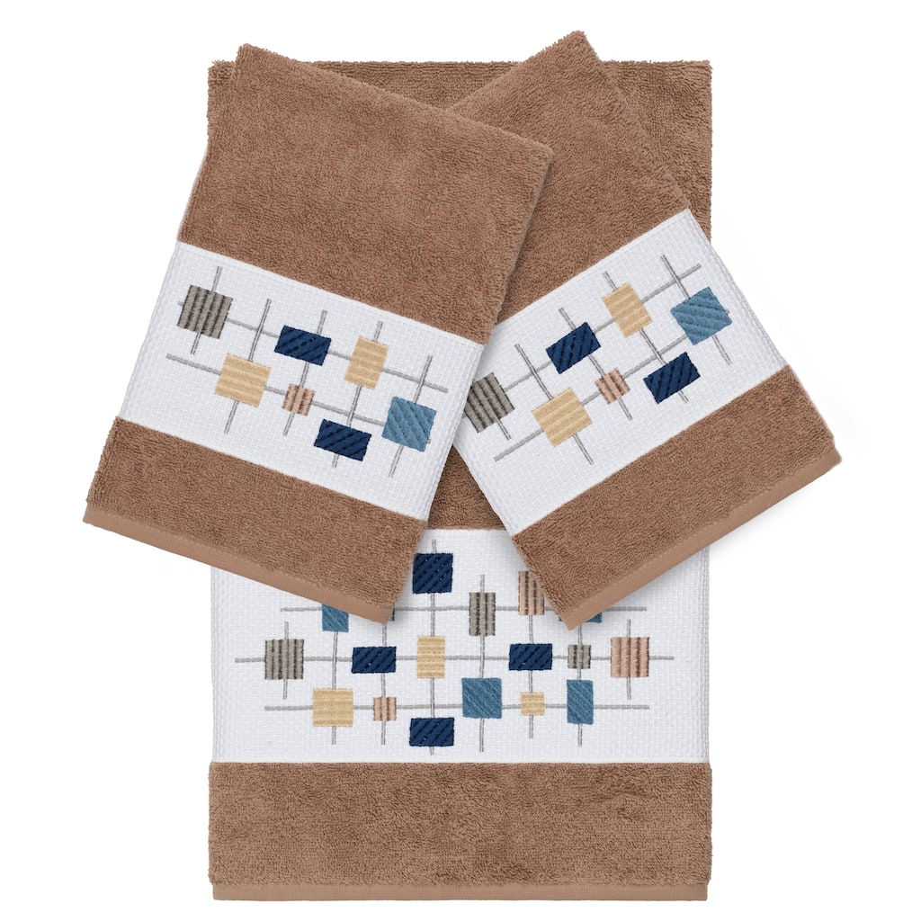 Authentic Hotel and Spa Turkish Cotton Squares Embroidered Latte Brown 3-piece Towel Set