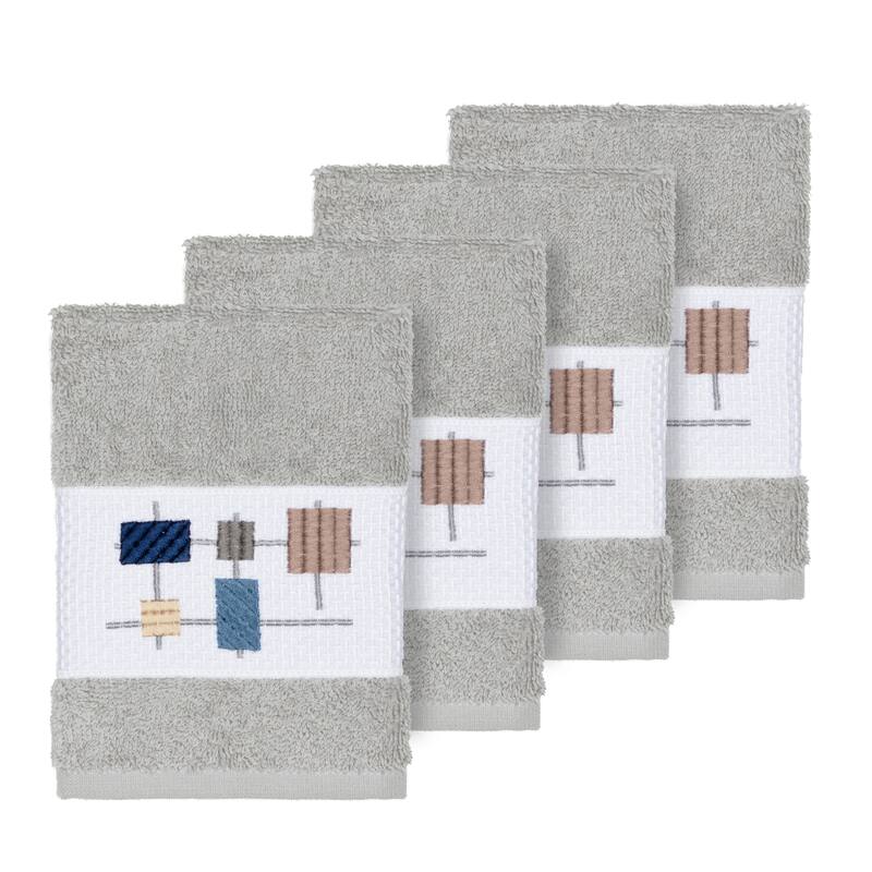 Authentic Hotel and Spa Turkish Cotton Squares Embroidered Light Grey 4-piece Washcloth Set