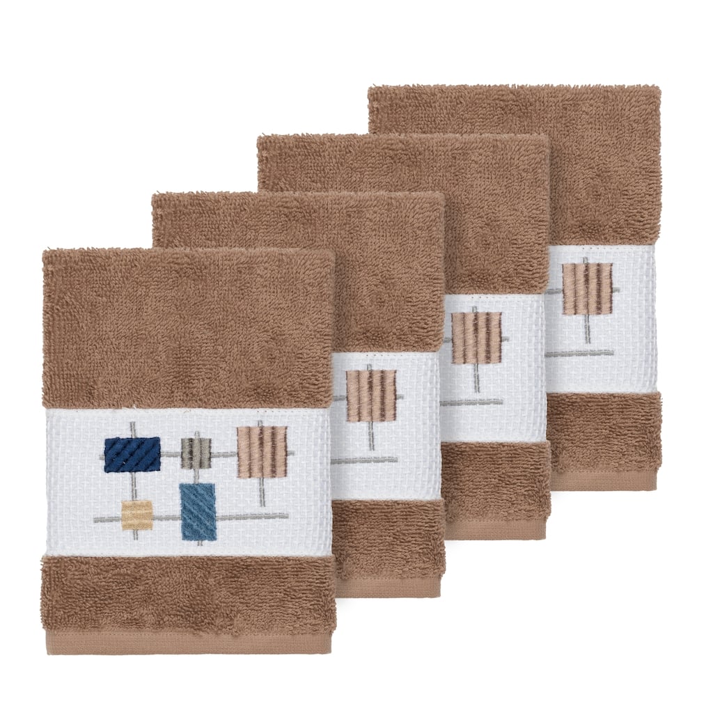 Authentic Hotel and Spa Turkish Cotton Squares Embroidered Latte Brown 4-piece Washcloth Set