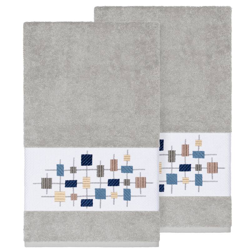 Authentic Hotel and Spa Turkish Cotton Squares Embroidered Light Grey 2-piece Bath Towel Set