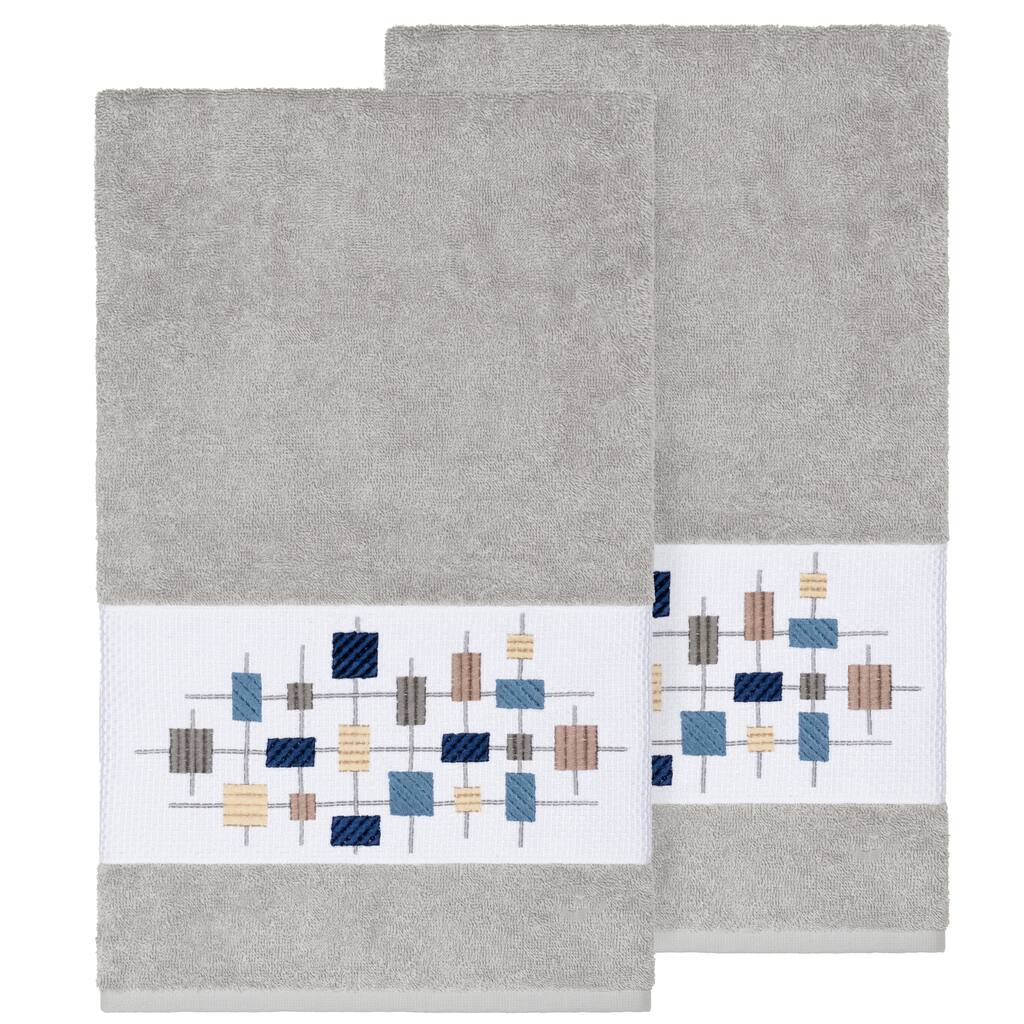 Authentic Hotel and Spa Turkish Cotton Squares Embroidered Light Grey 2-piece Bath Towel Set