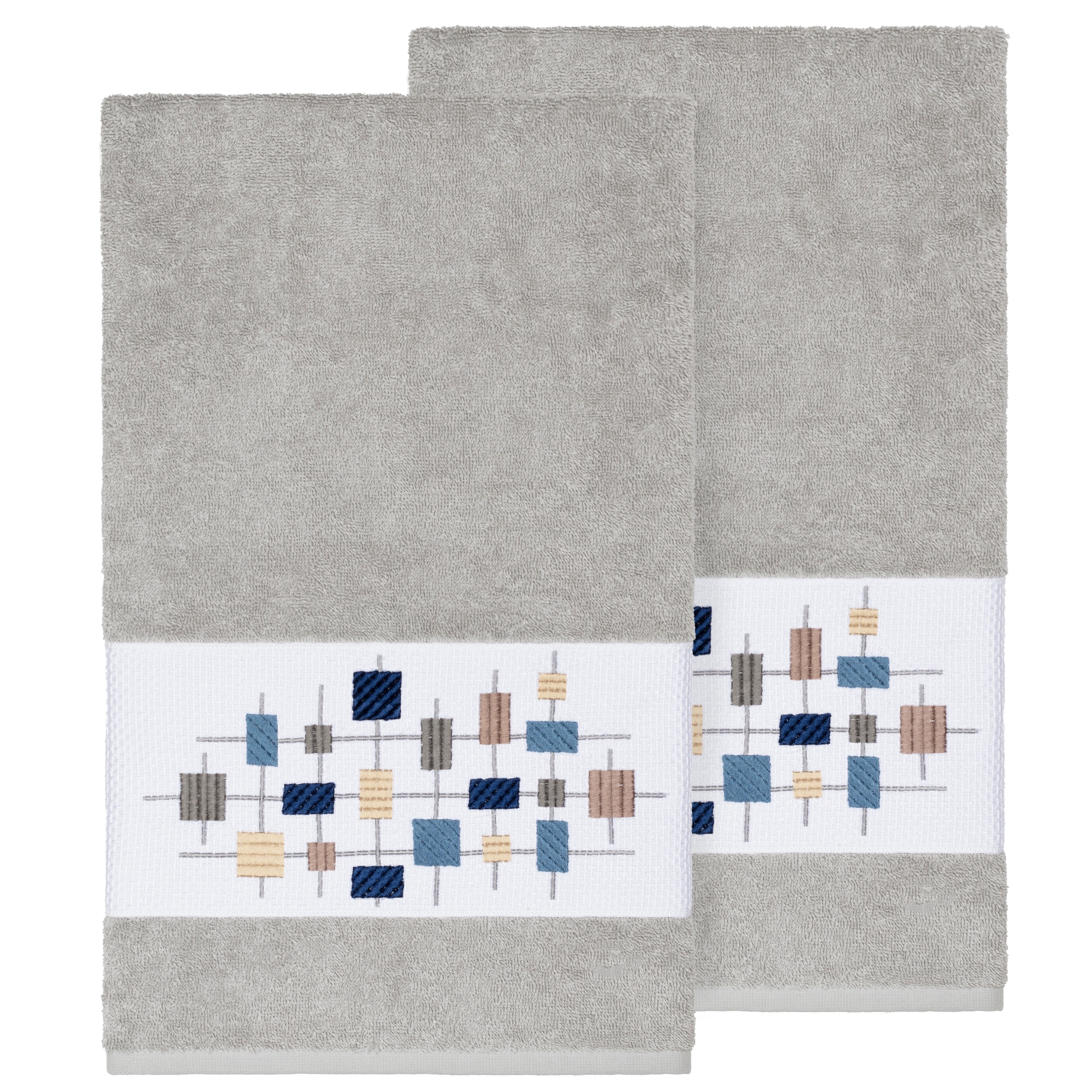 Authentic Hotel and Spa Turkish Cotton Squares Embroidered Light Grey 2-piece Bath Towel Set