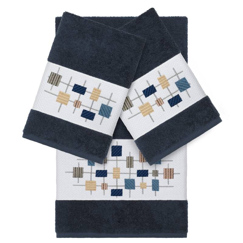 Authentic Hotel and Spa Turkish Cotton Squares Embroidered Midnight Blue 3-piece Towel Set