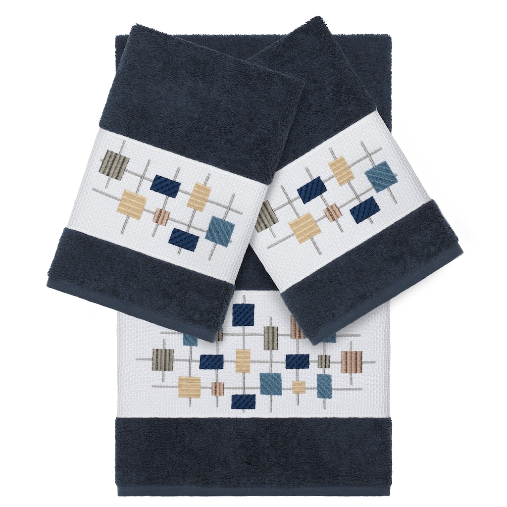 Authentic Hotel and Spa Turkish Cotton Squares Embroidered Midnight Blue 3-piece Towel Set