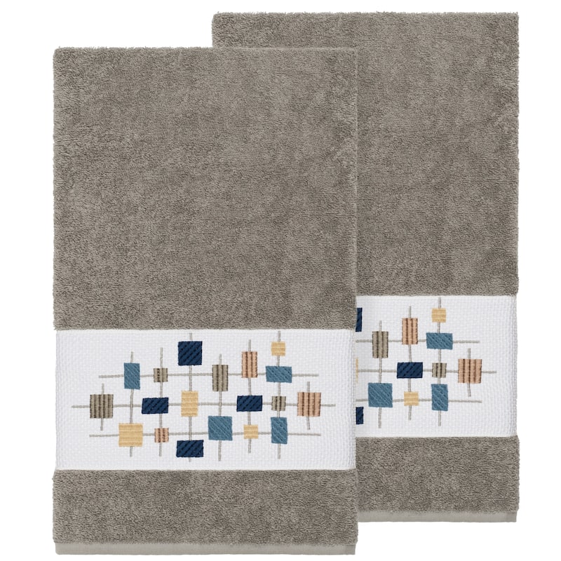 Authentic Hotel and Spa Turkish Cotton Squares Embroidered Dark Grey 2-piece Bath Towel Set
