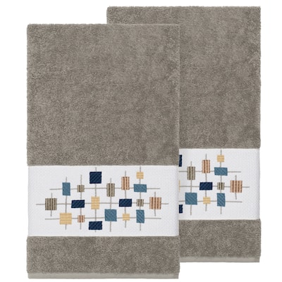 Authentic Hotel and Spa Turkish Cotton Squares Embroidered Dark Grey 2-piece Bath Towel Set