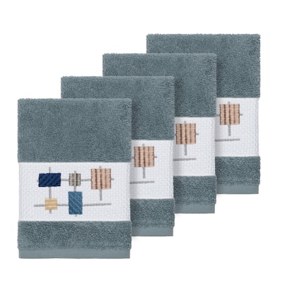 Authentic Hotel and Spa Turkish Cotton Squares Embroidered Teal Blue 4-piece Washcloth Set