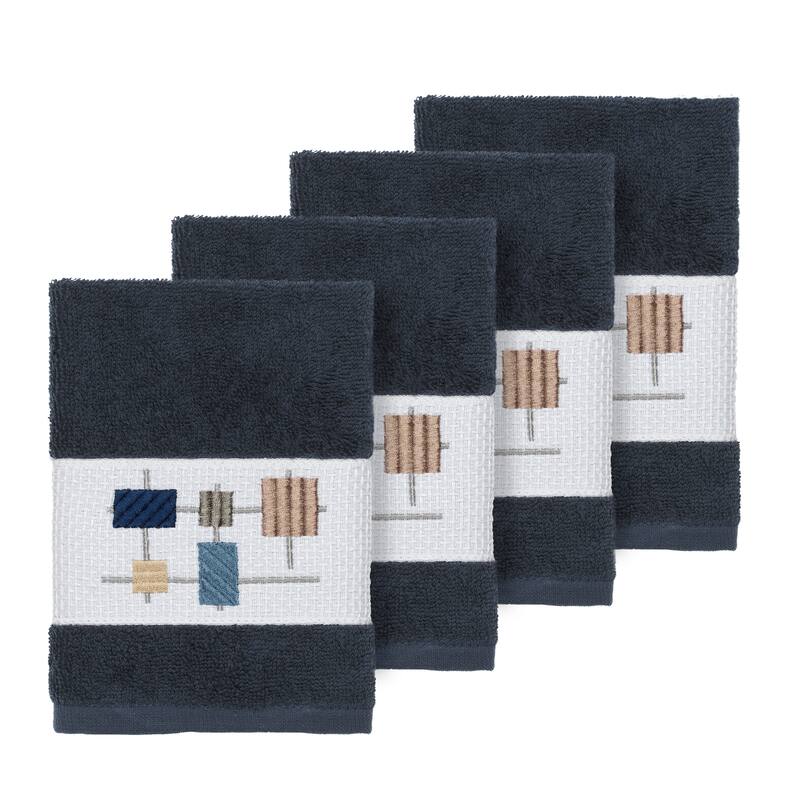 Authentic Hotel and Spa Turkish Cotton Squares Embroidered Midnight Blue 4-piece Washcloth Set - Navy Blue