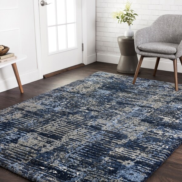 Transitional Navy Blue Grey Abstract Rug 3 10 X 5 7