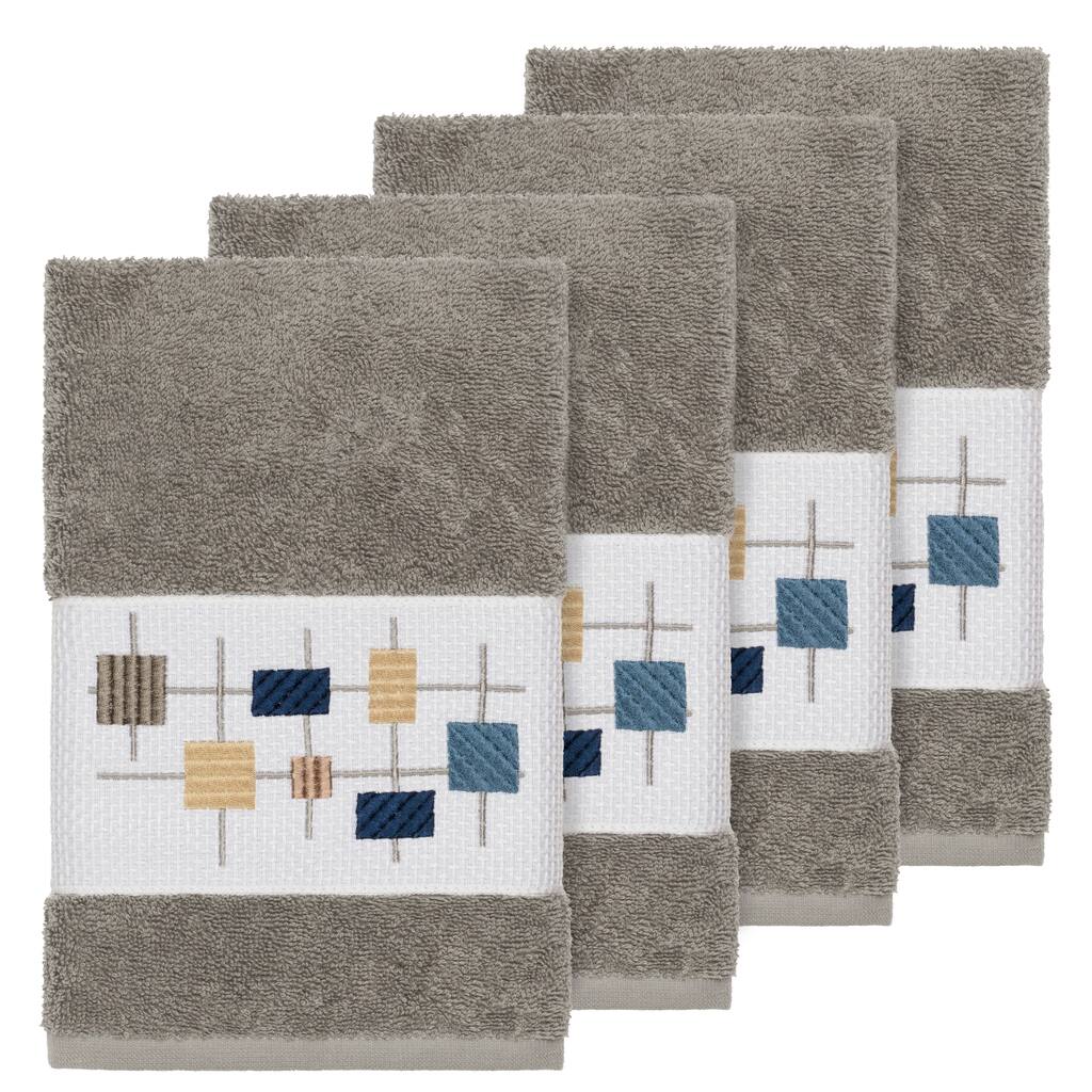 Authentic Hotel and Spa Turkish Cotton Squares Embroidered Dark Grey 4-piece Hand Towel Set